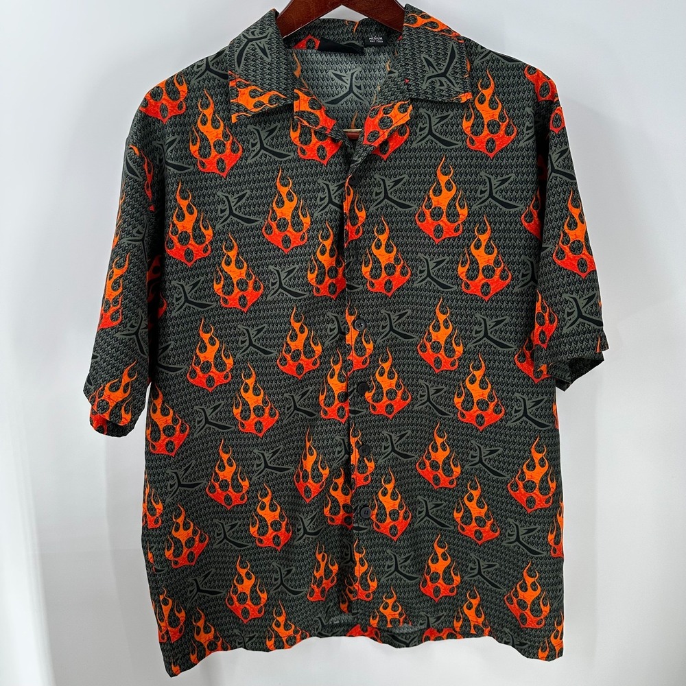VTG Y2K ODO‎ Short Sleeve Flame Street Culture Button-Up Shirt Gray Black Size M